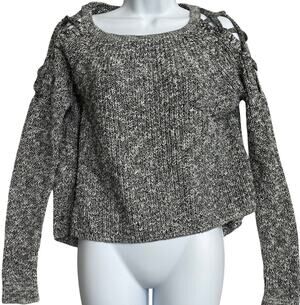 Express Sweater Womens Size S Black White Knit Crew Neck Lace Up Shoulder Y2K